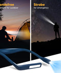 Rechargeable Neck Reading Light With Dual Lamps For Bedtime Reading And Crafting Eye Friendly Floodlight And Spotlight Portable Book Lamp illustrating outdoor use at sunset and strobe for emergencies under stars