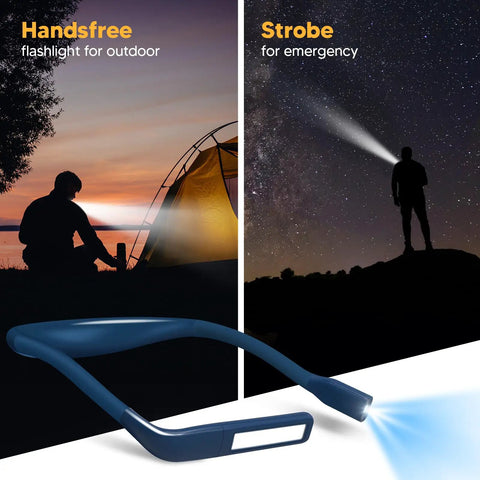 Rechargeable Neck Reading Light With Dual Lamps For Bedtime Reading And Crafting Eye Friendly Floodlight And Spotlight Portable Book Lamp illustrating outdoor use at sunset and strobe for emergencies under stars