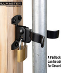 Flat Back Wall Mount Chain Link Fork Latch in Black for Outdoor Gates installed with padlock on metal and wood fence