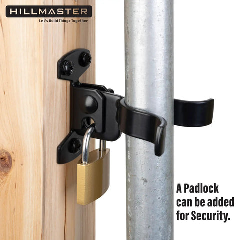 Flat Back Wall Mount Chain Link Fork Latch in Black for Outdoor Gates installed with padlock on metal and wood fence