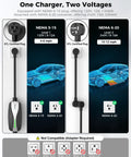 Portable Level 1 And 2 Tesla Charger With ETL Certification, NACS EV Charging Cable, 12A And 16A Wall Connector showing NEMA plugs and specifications.