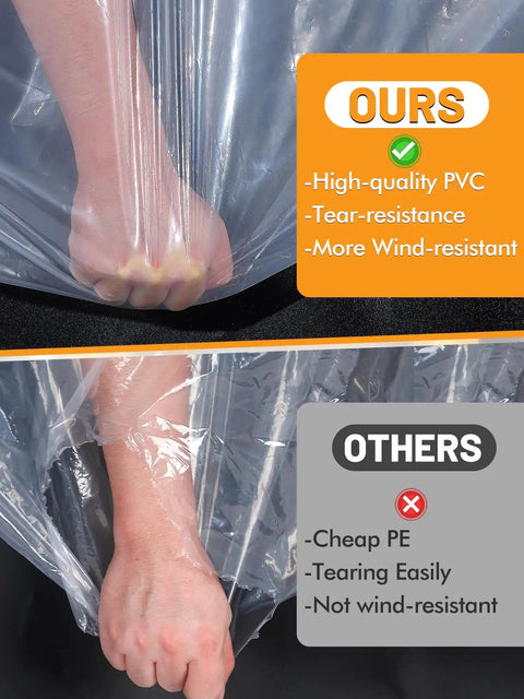 Comparison of heavy duty 6.6 by 13 ft clear tarp waterproof with grommets vs standard tarp, highlighting quality differences.