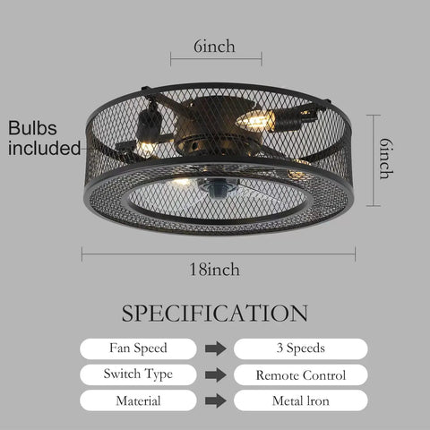 Caged Ceiling Fan With Lights 18 Inch Low Profile Flush Mount With Remote Control Slick Industrial Style For Low Ceiling Kitchens Bedrooms Living Rooms Bulbs Included Great Value. Image shows fan dimensions and specifications.