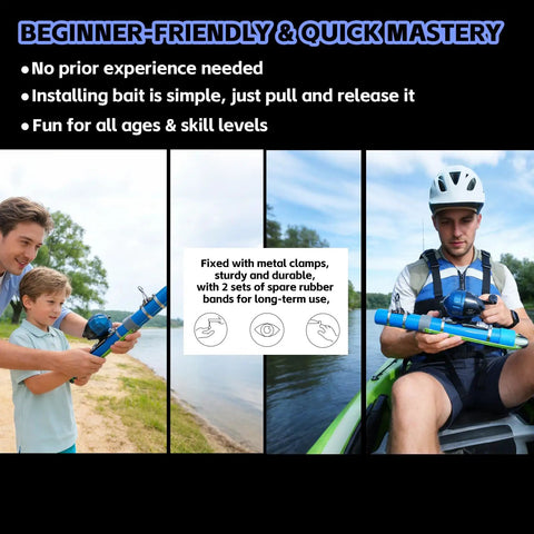 A man and child using the Upgraded Portable Fishing Catapult Rod With Reel For Saltwater And Freshwater Ultra Compact Telescopic Lure And Bait Launcher.