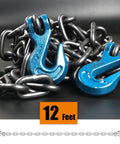 Heavy Duty 5/16 Inch Transport Tow Chain 10 Foot Binder With Clevis Grab Hooks Grade 70 4700 Lbs Working Load 18800 Lbs Breaking Strength Ideal For Securing Heavy Loads To Trucks Or Flatbeds 2 Pack with blue clevis hooks