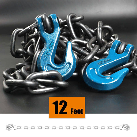 Heavy Duty 5/16 Inch Transport Tow Chain 10 Foot Binder With Clevis Grab Hooks Grade 70 4700 Lbs Working Load 18800 Lbs Breaking Strength Ideal For Securing Heavy Loads To Trucks Or Flatbeds 2 Pack with blue clevis hooks