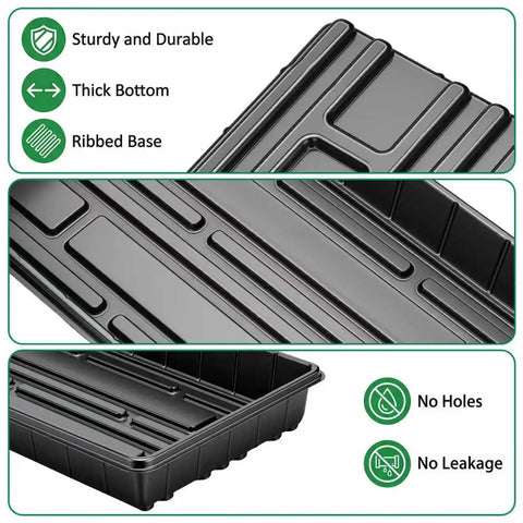 No Holes Seedling Trays Set with ribbed base, thick bottom, durable 17x11 inch black trays, ideal for indoor or outdoor planting.