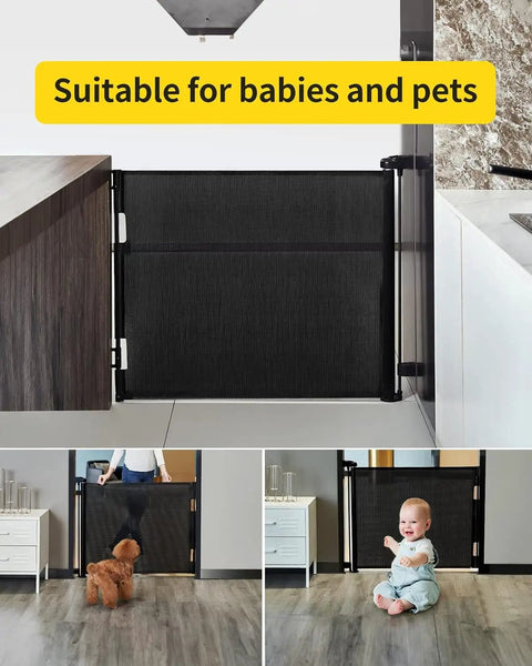 Retractable Mesh Baby Gate For Doorways, Stairs, And Hallways, 33 Inch Tall, Expands Up To 55 Inches Wide, Indoor Outdoor Baby And Pet Gate, Black Safe Easy Tool Free Setup shown in home setting with child and pet.