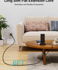 Long Slim Flat Extension Cord, 6FT length, flexible fit for powering devices in living rooms or dorms.