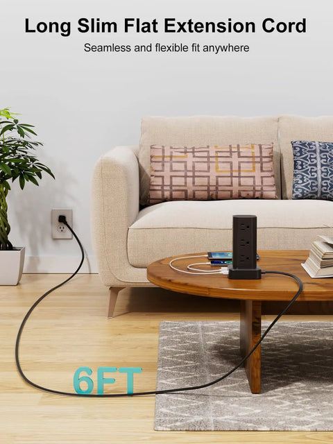 Long Slim Flat Extension Cord, 6FT length, flexible fit for powering devices in living rooms or dorms.