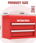Red Mini Metal Tool Box with two drawers and top storage, product size 10.83x5.91x8.19 inches, labeled "WORKPRO"