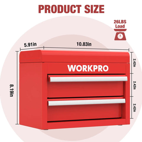 Red Mini Metal Tool Box with two drawers and top storage, product size 10.83x5.91x8.19 inches, labeled "WORKPRO"