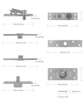 Components of Heavy Duty Pivot Door Hinge System With 360 Degree Rotation For Bookcases And Hidden Doors Stainless Steel 150kg Capacity Invisible Murphy Hinge Low Profile Mount Smooth Quiet Operation By Roness shown with dimensions.