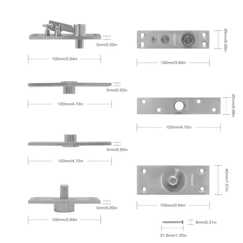 Components of Heavy Duty Pivot Door Hinge System With 360 Degree Rotation For Bookcases And Hidden Doors Stainless Steel 150kg Capacity Invisible Murphy Hinge Low Profile Mount Smooth Quiet Operation By Roness shown with dimensions.