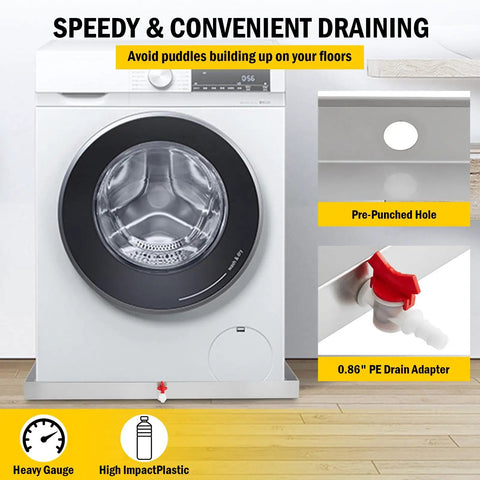 Heavy Duty 28 By 30 Inch Stainless Steel Washing Machine Drain Pan With Four Anti Vibration Feet Floor Saver, drain hole visible