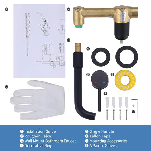 Installation kit for Matte Black Wall Mount Bathroom Faucet With Single Handle, No Fuss Temp Control shown with components and accessories.