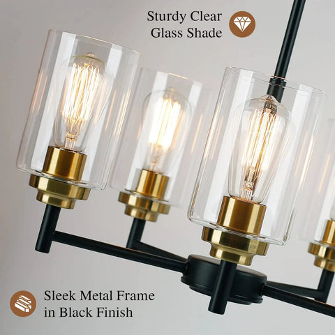 Close-up of Modern Farmhouse 5 Light Chandelier For Dining Room And Kitchen Island Dope Industrial Black Pendant Lighting With Glass Shades Adjustable Height Hanging Ceiling Light Fixture For Living Room