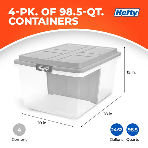 Rock Solid Stackable Plastic Storage Bins With Lids, Hella Spacious 98 Quart Hi Rise Containers For Home Garage And Closets, Snap Lock Grid Tops Shield Your Gear, Gray Four Pack, 98.5-quart container with lid, measuring 20x15x28 inches.