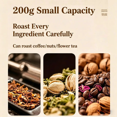 Top Shelf Electric Coffee Bean Roaster With Smooth Drum Rotation And No Sweat Temp Control Featuring Smart Timer And Built In Thermometer To Roast Nuts And Spices For Your Chill Home Brewing Setup, showcasing ingredients for roasting.