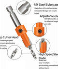 5 Piece Countersink Drill Bit Set With Hex Shank Tapered Pilot Hole Bits And Snappy Quick Change Ideal For Carpentry DIY And Home Repair Projects For Woodworking And Finish Work, close-up of hex shank and cutter head details