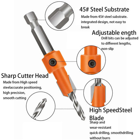 5 Piece Countersink Drill Bit Set With Hex Shank Tapered Pilot Hole Bits And Snappy Quick Change Ideal For Carpentry DIY And Home Repair Projects For Woodworking And Finish Work, close-up of hex shank and cutter head details