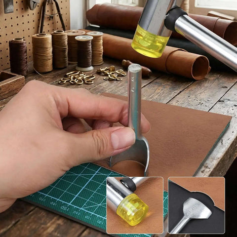 Close-up of 14 Size Leather Corner Punch Set With Half Round And Quarter Round Punches, Rubber Hammer for DIY wallet making