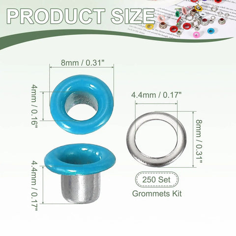 Product size details for Heavy Duty Metal Grommets Kit With Corrosion Proof Washers 4Mm and Five Thirty Two Inch Sky Blue Eyelets.