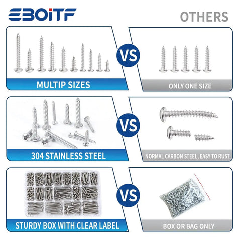 Comparison of the 600 Piece 304 Stainless Steel Wood Screws Set With 18 Sizes and alternative products