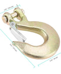 2 Pack 1/2 Inch G70 Forged Steel Clevis Grab Hook With Safety Latch detailing dimensions and zinc plated finish.