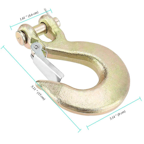 2 Pack 1/2 Inch G70 Forged Steel Clevis Grab Hook With Safety Latch detailing dimensions and zinc plated finish.