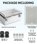 Front view of TICONN outdoor IP67 ABS junction box with clear hinged lid; 8.7x6.7x4.3 in, mounting plate and wall brackets