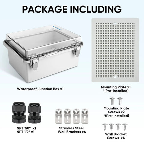 Front view of TICONN outdoor IP67 ABS junction box with clear hinged lid; 8.7x6.7x4.3 in, mounting plate and wall brackets