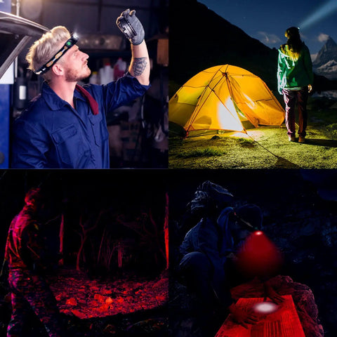 Rechargeable LED Headlamp With 90 CRI White Light And 660nm Deep Red Light For Night Vision, USB C Charging, used in various settings