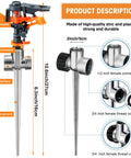 Diagram of 3 Pack Pulsating Sprinklers With Metal Spike 360 Degree Adjustable Rotating Impact Sprinkler detailing components and dimensions.