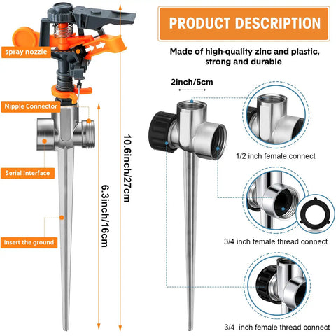 Diagram of 3 Pack Pulsating Sprinklers With Metal Spike 360 Degree Adjustable Rotating Impact Sprinkler detailing components and dimensions.