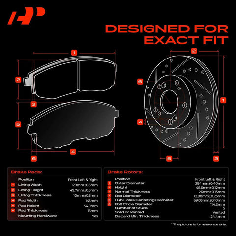 Diagram detailing dimensions for Top Shelf Front Brake Rotors And Ceramic Pads Kit 6 Pack 11.57 Inch Fits Jeep Compass Patriot Mitsubishi Outlander.
