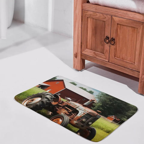 Thick Ultra Absorbent Bath Rugs With Non Slip Backing, Coral Fleece Farm Tractor Bathroom Mats beside wood cabinet