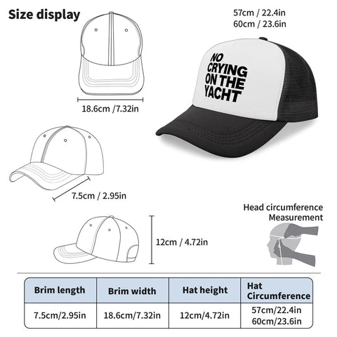 Breathable Trucker Hat for Men No Crying On The Yacht Style Plain Cap With No Sweat Band, size and measurements illustration