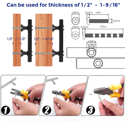 Diagram and tools for installing 15 Pack 5 Inch Matte Black Cabinet Pulls With Round Base Drawer Handles For Kitchen Cabinets And Cupboards, 3 Inch Hole Center