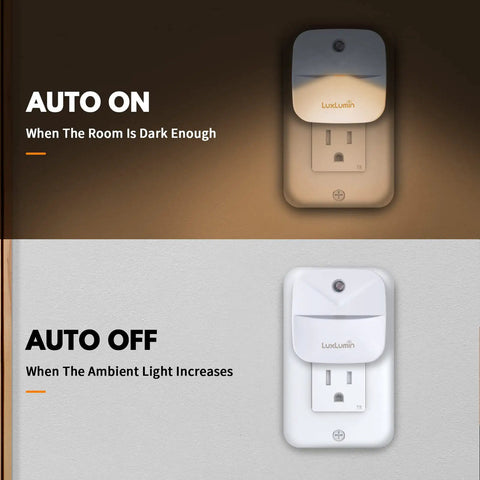 Plug In Night Lights With Dusk To Dawn Sensor, Auto On Off, Warm White Glow, energy-saving design showing auto on/off feature.