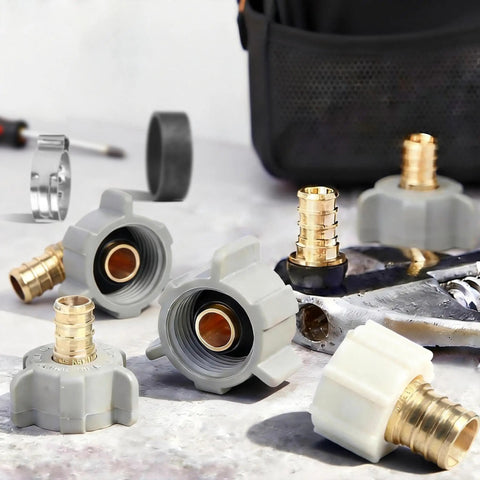 4 Piece PEX Fittings Kit With Half Inch Swivel Adapters For Drinking Water, Lead Free DZR Brass, Copper Crimp Rings And Stainless Clamps For RV, Under Sink And Home Plumbing Repairs, close-up
