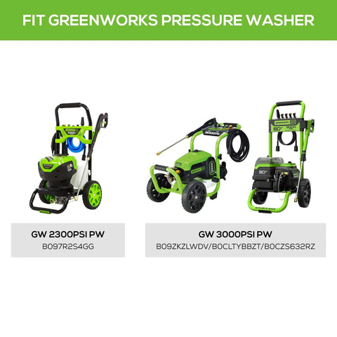 Three Greenworks pressure washers with PSI ratings displayed; suitable for various outdoor cleaning uses.