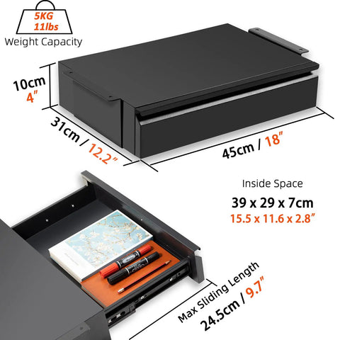 Under Desk Drawer Organizer 18 Inch Pull Out Storage Mounted Under Desk Or Workbench Black, dimensions and weight capacity shown.