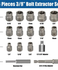 16-piece 3/8-inch bolt extractor set with various sizes, knockout bar, 1/2-3/8 adapter, and 3/8-1/4 hex adapter