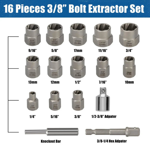 16-piece 3/8-inch bolt extractor set with various sizes, knockout bar, 1/2-3/8 adapter, and 3/8-1/4 hex adapter
