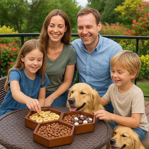 Family enjoying snacks from a Hexagonal Wooden Dry Fruit Tray With Lid Snack Serving Box For Nuts Dried Fruits Chocolates And Snacks