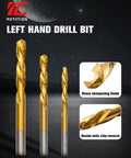 Three left-hand drill bits with sharp blades, featuring double helix chip removal. Part of 10 Piece Screw Extractor And Left Hand Drill Bit Set For Stripped Screws And Broken Bolts Easy Out Bolt Remover Kit With Reverse HSS And CR MO Cobalt Steel Extraction Tool.