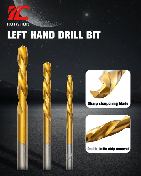 Three left-hand drill bits with sharp blades, featuring double helix chip removal. Part of 10 Piece Screw Extractor And Left Hand Drill Bit Set For Stripped Screws And Broken Bolts Easy Out Bolt Remover Kit With Reverse HSS And CR MO Cobalt Steel Extraction Tool.