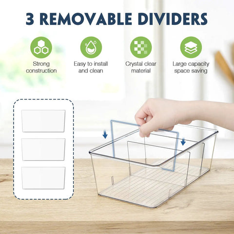 Heavy Duty Clear Plastic Pantry Storage Totes With Removable Dividers 2 Pack Kitchen Cabinet Organizers showing dividers being installed.