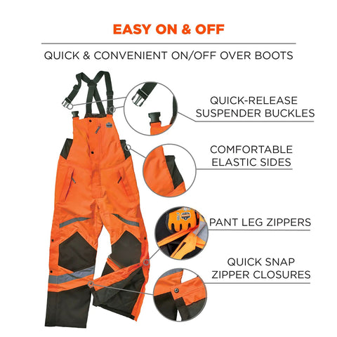 High-Visibility Insulated Bib Overalls With Thermal 160g Fill Weatherproof 300D Shell Windproof And Water-Resistant Orange X-Large, featuring quick-release suspenders, elastic sides, and pant leg zippers.